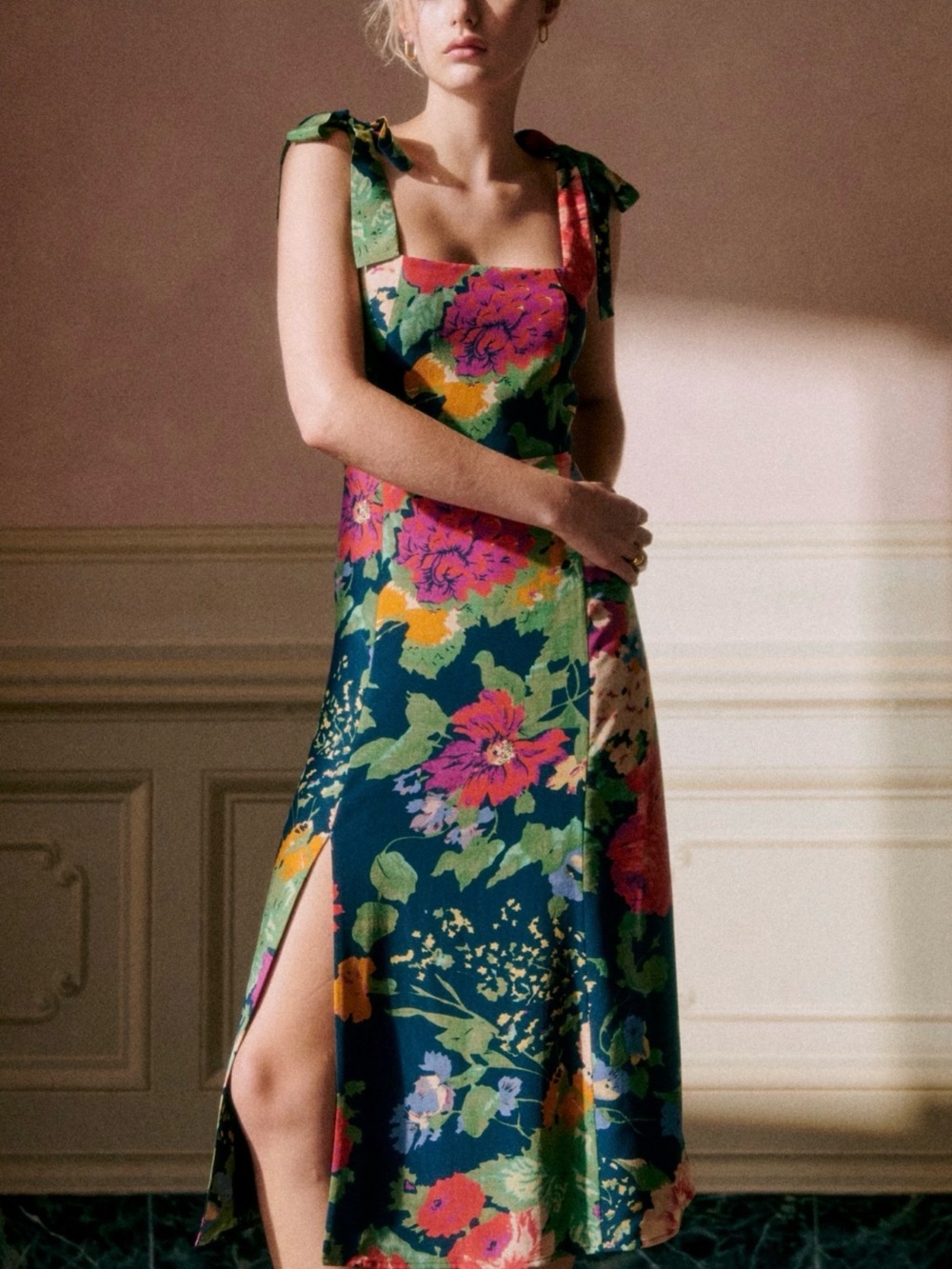 Sézane Floral Midi Dress in Navy with Pink & Green Accents - Picture 2 of 7